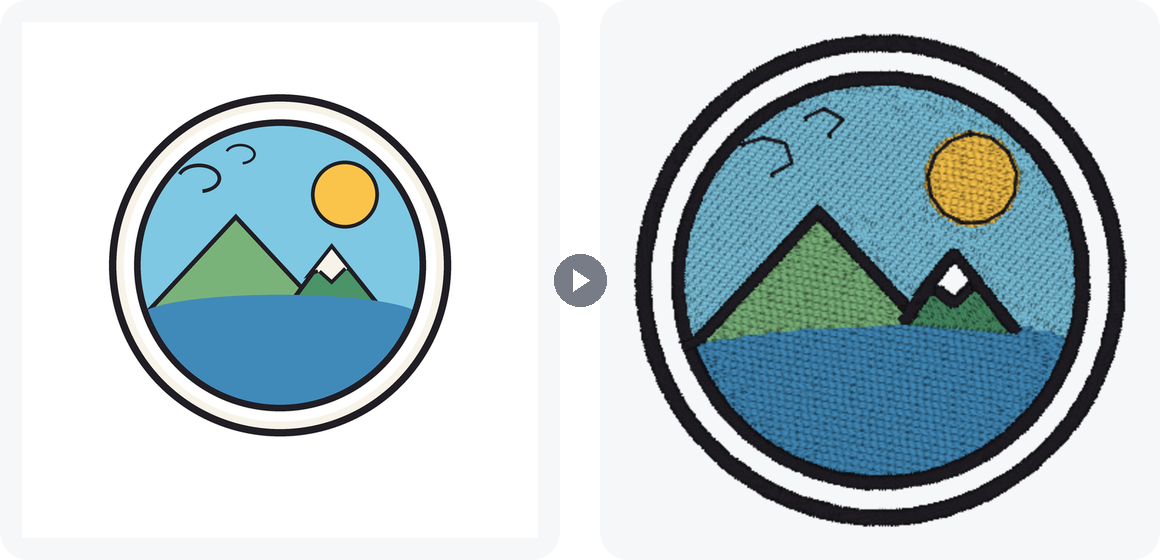 A flat illustration of a mountain badge beside the same badge converted into embroidery stitches